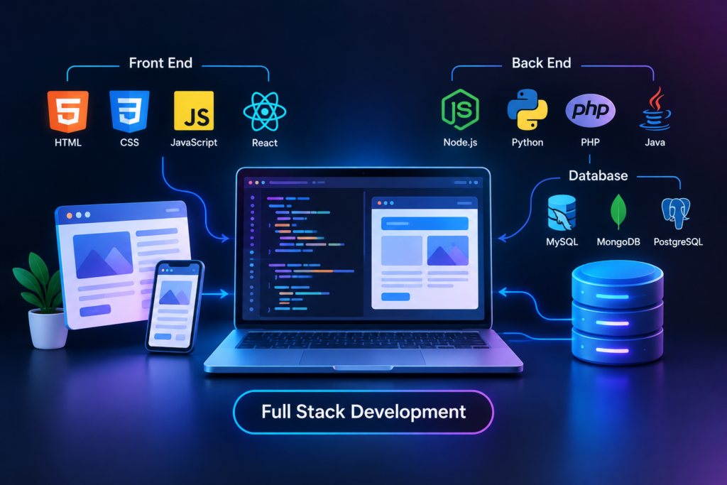 A central laptop and smartphone setup illustrating full stack web development against a dark blue background, labeled "Full Stack Development"
