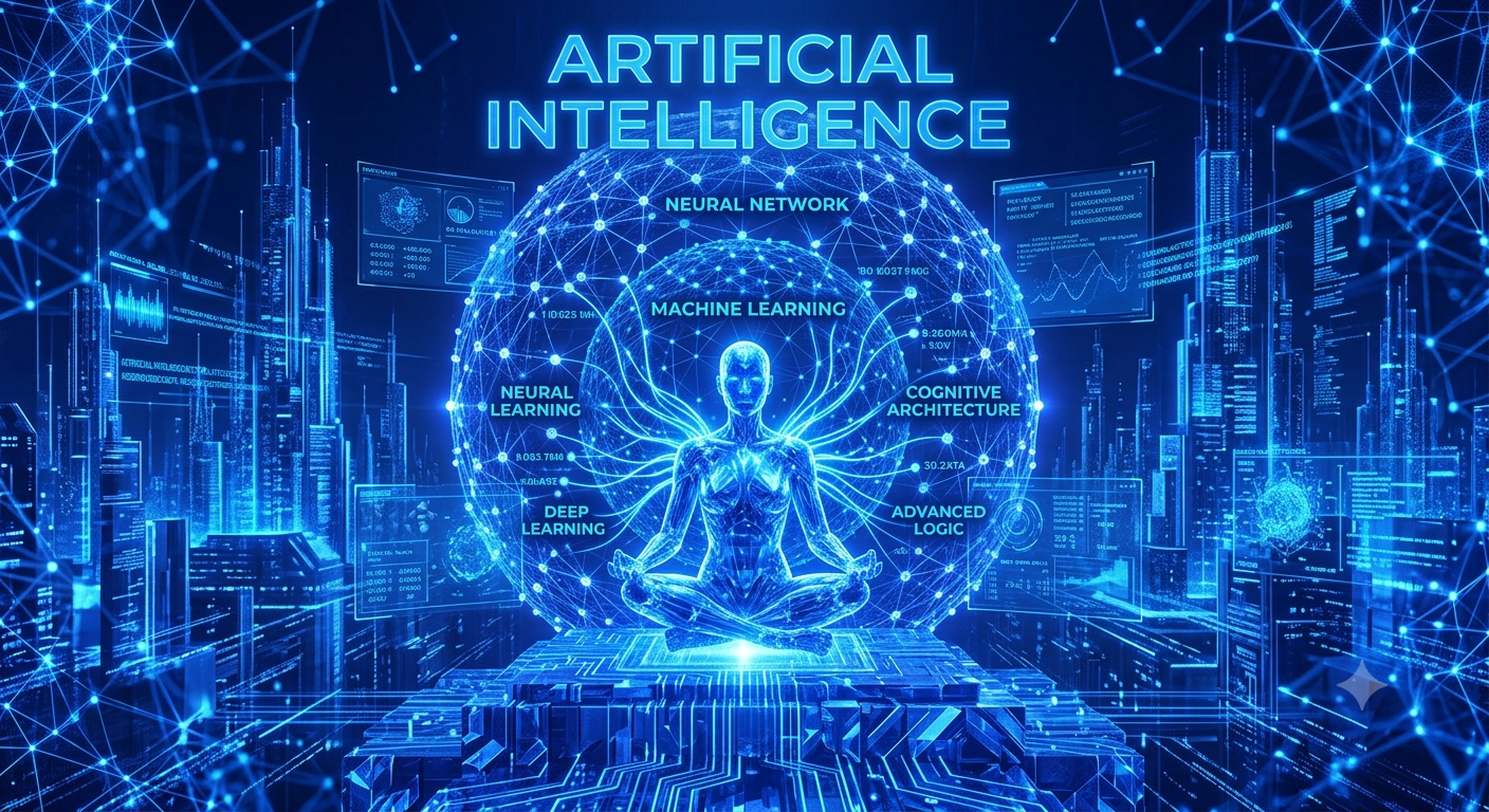 digital human figure meditating inside a glowing central sphere surrounded by neural network structures and AI concepts, set against a high-tech city skyline background with the header "ARTIFICIAL INTELLIGENCE"