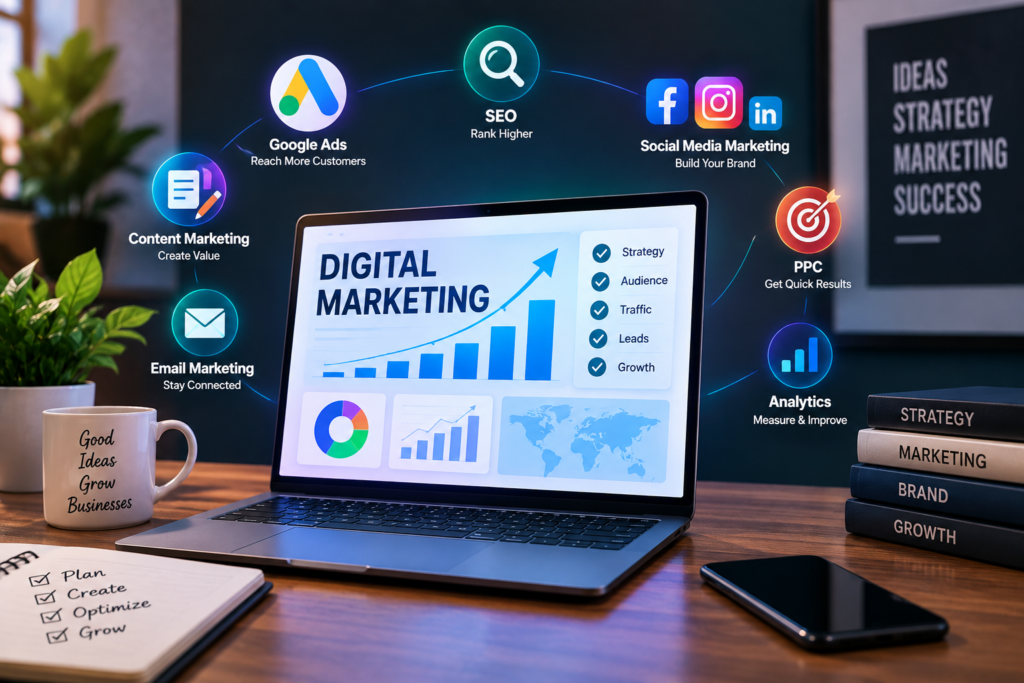 DIGITAL MARKETING" dashboard with performance charts, surrounded by floating icons representing various channels like Google Ads, SEO, Social Media Marketing, PPC, Analytics, Email Marketing, and Content Marketing. The desk setup also includes a coffee mug, notepad, smartphone, and stacked marketing books.