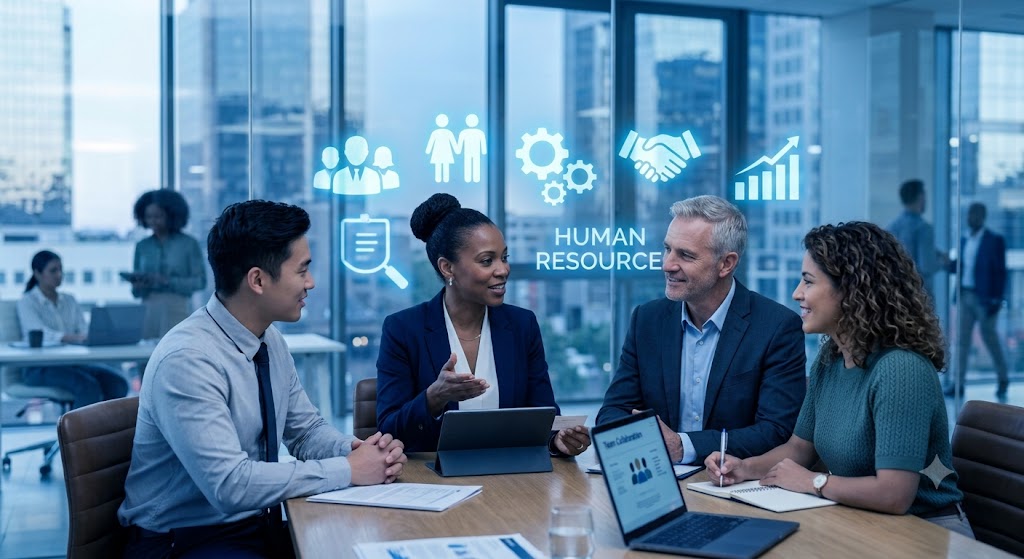 A corporate team of four professionals seated around a wooden conference table in a modern office with large glass windows, featuring a cool blue color overlay and glowing cyan Human Resources digital icons (people, gears, handshake, growth chart) above the text "HUMAN RESOURCE".